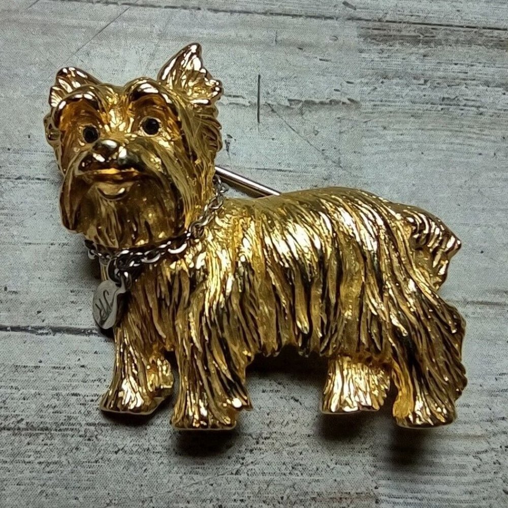 Vintage Joan Rivers Yorkie Yorkshire Terrier Dog Brooch JR Collar Gold Tone 1.5"